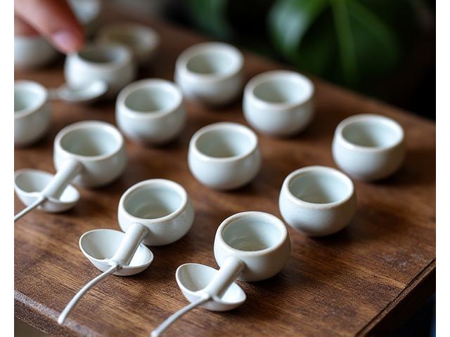 Several cups of coffee on a table for a tasting, with tasting notes and cupping spoons