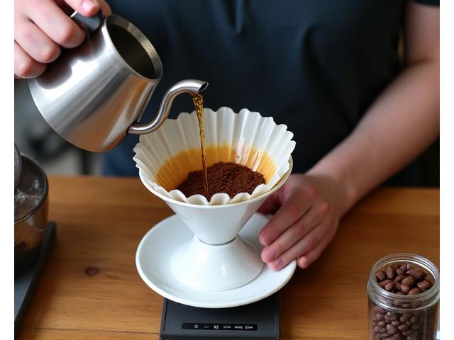 Someone pouring hot water over coffee grounds in a pour-over cone, with various brewing equipment around